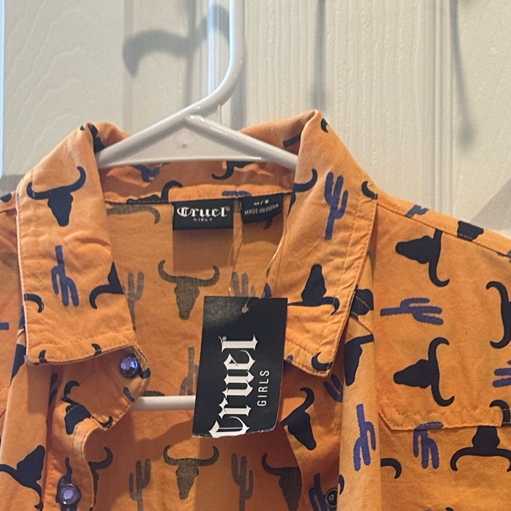 Cruel Girl Orange Shirt with Blue Cactus and Bull Design - Picture 2 of 3
